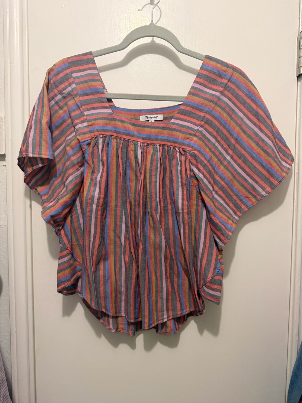 Madewell Multicolor Striped Square-Neck Flutter Sleeve Top